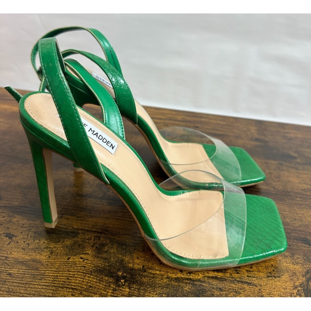 Steve Madden Jessenia Green Croc Embossed Clear Strap Square Toe Heels 11 M - Picture 3 of 12